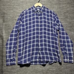 Peter Millar Shirt Men's L Blue Window Plaid Long Sleeve Button Up Linen